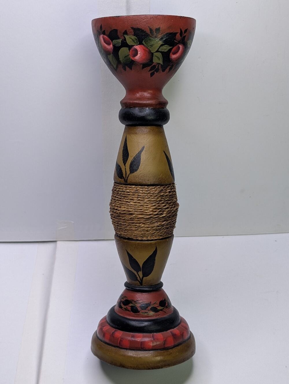 M Howe 2014 Signed Hand Painted Wood Candle Holder Floral Folk Art 12"